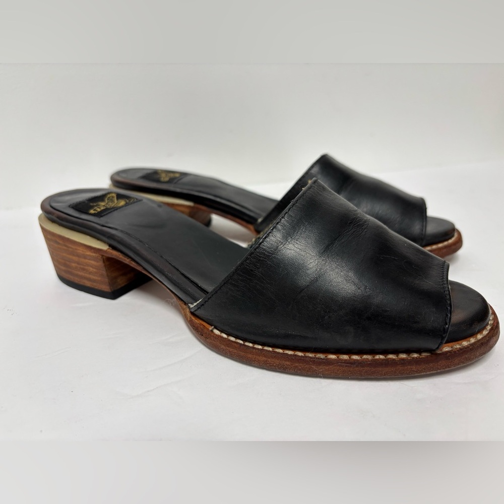 FREEBIRD BY STEVEN Path Black Leather Heeled Slip On Sandals Women’s Size 7